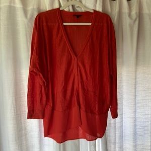 Lafayette 148 New York Knit Red Button up Cardigan Sheer Trim Bottom